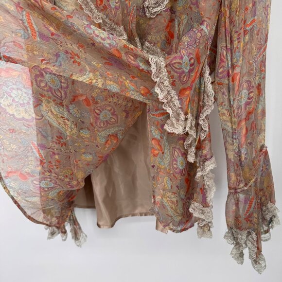 Alain Weiz Womens Floral Silk Blouse lined Lace Trim Ruffle size 20w beige - Picture 8 of 14